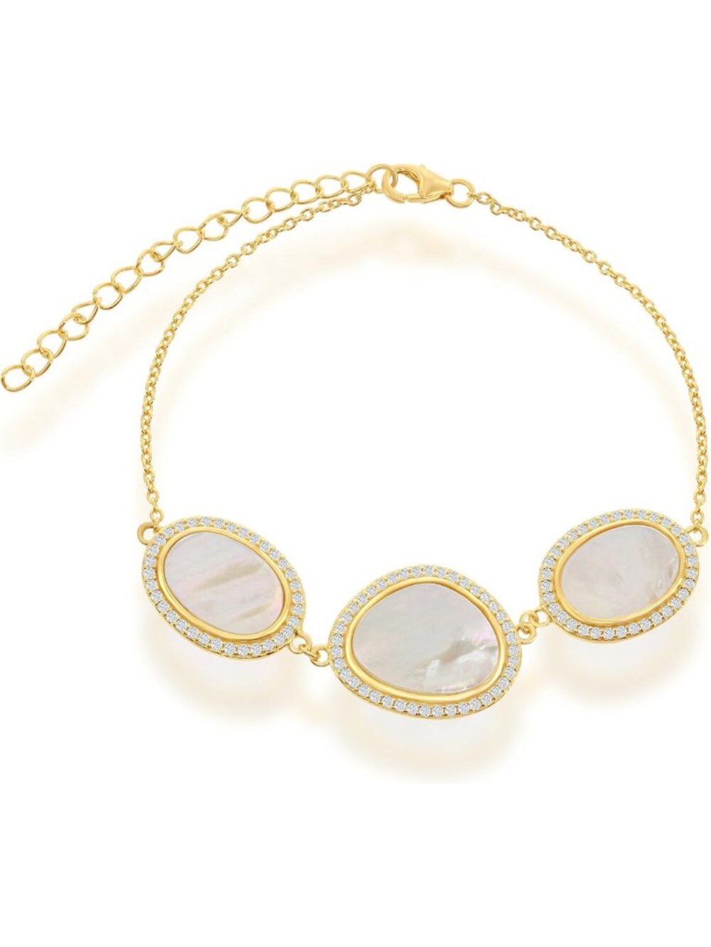 Elegant 7.5" + 2" Sterling Silver Mother of Pearl & CZ Fashion Bracelet